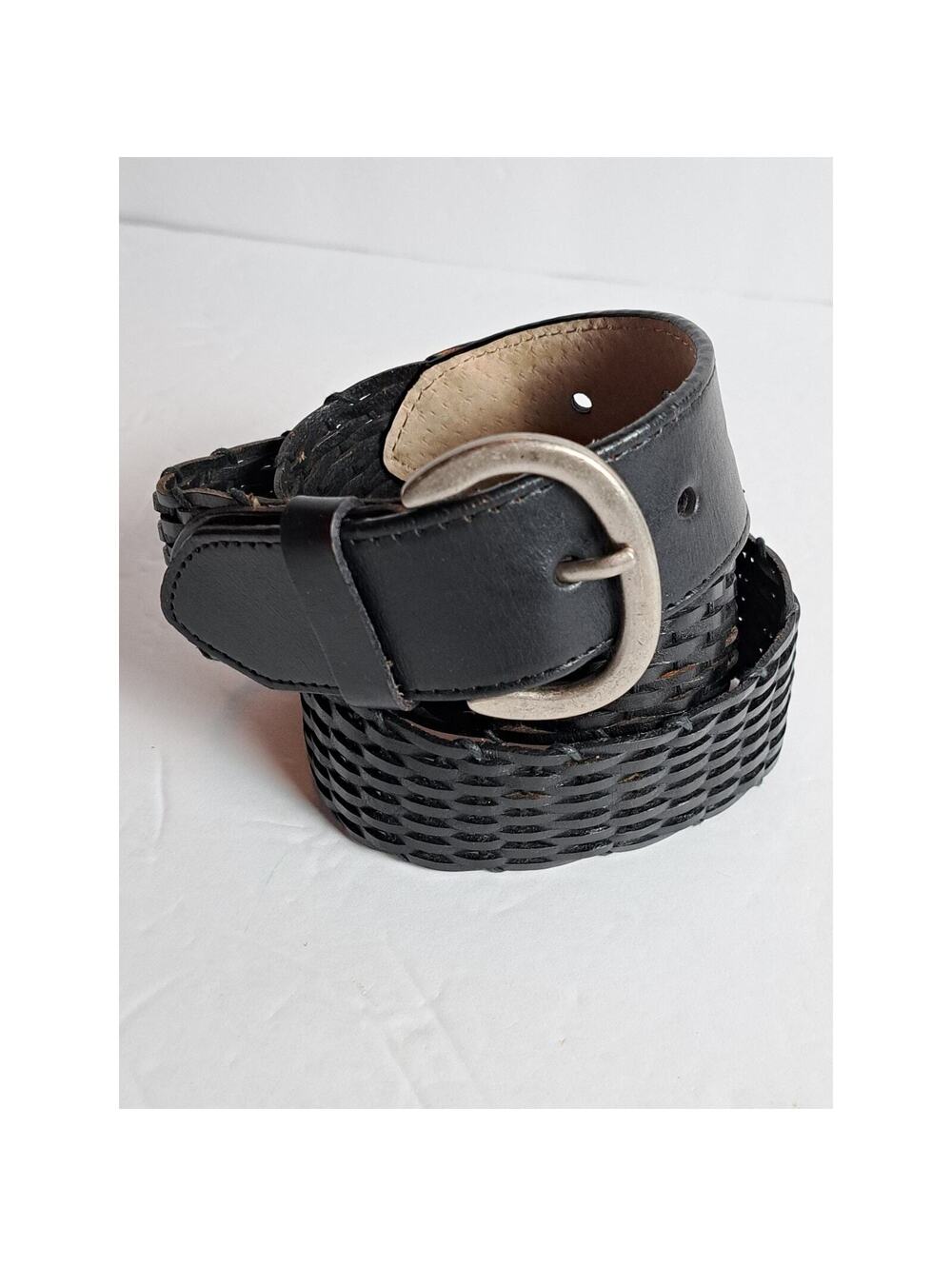 Genuine Leather Belt Black Woven Distressed 38" silver hardware Casual